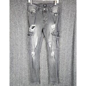 boohooMAN Cargo Jeans Mens‎ 32 Grey Slim Distressed Ripped Streetwear Denim